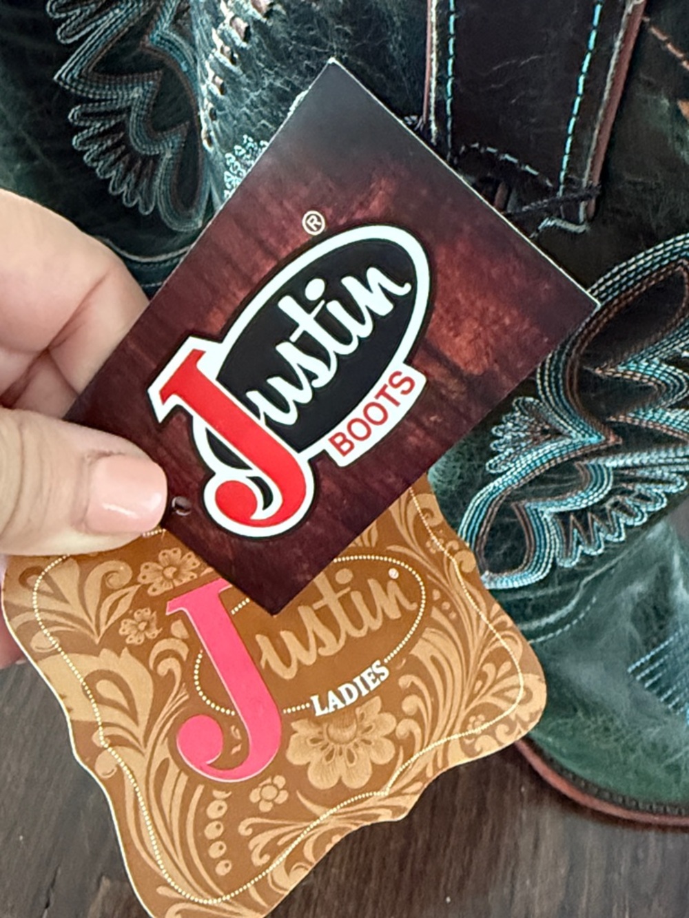 Justin Boots Dark Green Western Boots with Turquoise and Brown  Stitching 6.5 - Picture 9 of 13